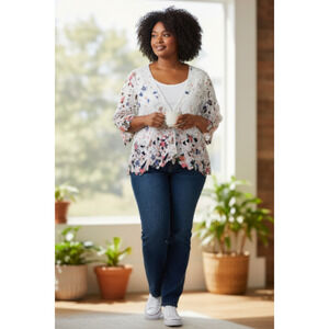 4554)Chris McLaughlin Plus White Multi Eyelet Floral Cover Up Lace Top 1X